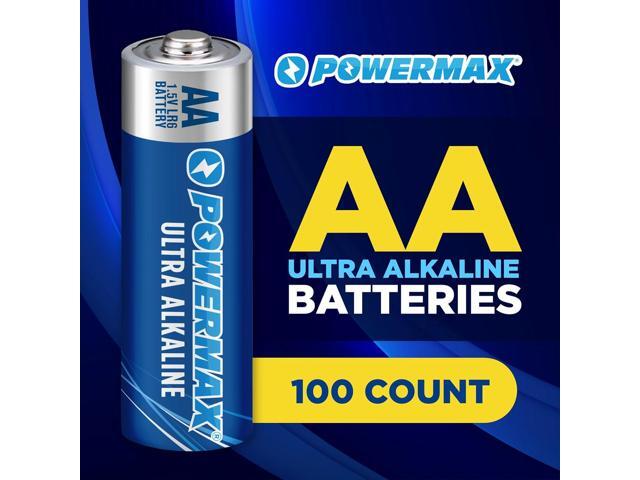 Powermax 100-Count Double AA Batteries, Ultra Long Lasting Alkaline Battery for Home and Office, 10-Year Shelf Life, Reclosable Packaging