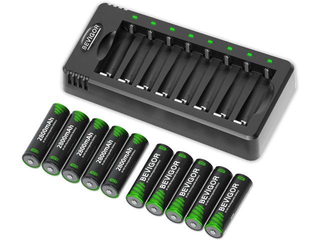 BEVIGOR Rechargeable AA Batteries with Charger, 10 Pack 2800mAh High Capacity Ni-MH Double A Batteries with Smart 8 Bay Smart Battery Charger, USB...