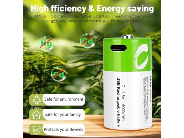 C Batteries Rechargeable with USB 4 in 1 Cable 8 Pack C Size Cell Lithium Batteries LR14 5000mWh 1.5V Li-ion Power for Long-Lasting Use in Floodlights