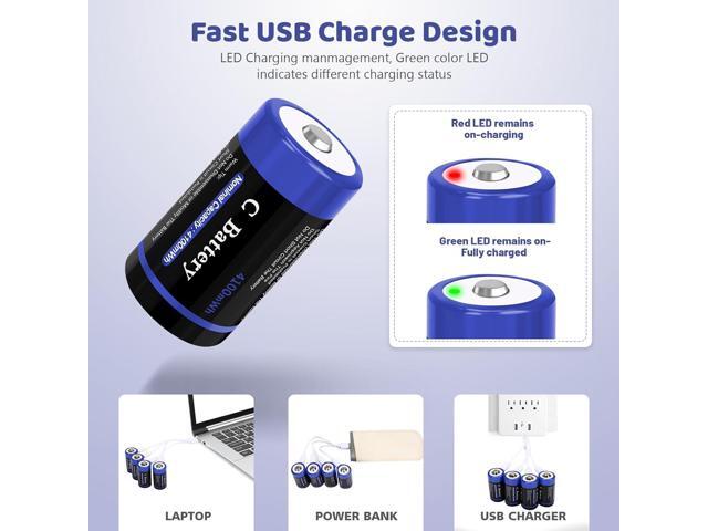 Rechargeable Lithium C Cell Batteries with 4 in 1 USB-C Charge Cable, 8 Pack 1.5V 4100mWh C Cell Li-ion Batteries, LR14 C Size Battery Replacement...