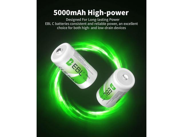 EBL Rechargeable C Batteries, 5000mAh Ni-MH High Capacity C Cell Battery New Retail Package, Pack of 4