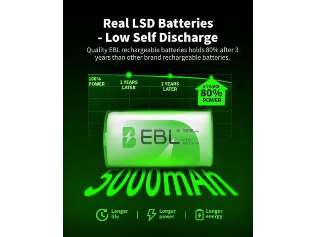 EBL Rechargeable C Batteries, 5000mAh Ni-MH High Capacity C Cell Battery New Retail Package, Pack of 4