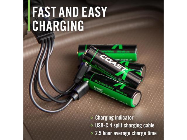 Coast AA USB-C Rechargeable Batteries, ZITHION-X, Lithium Ion 1.5v 2400 mAh, Long Lasting, Charges Under 2.5 Hours, Charging Cable Included,...