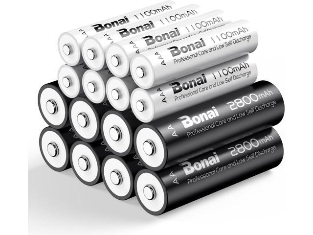 BONAI Rechargeable AA AAA Battery Combo,High Capacity 8PCS 2800mAh AA and 8PCS AAA 1100mAh NiMH Batteries Low Self-Discharge