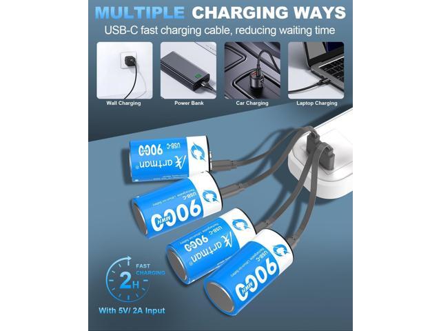 Artman Rechargeable Lithium C Batteries 4 Pack, 1.5V C Cell Batteries with 2 in 1 USB-C Charging Cable, 9000mWh High Capacity Size C Li-ion Battery...