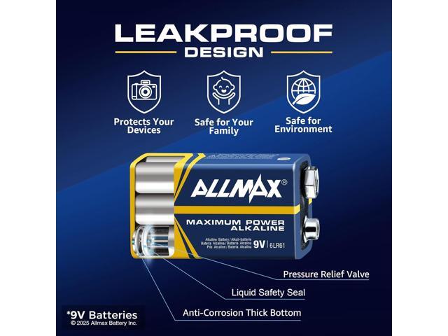 Allmax 9V Maximum Power Alkaline Batteries (48 Count) Ultra Long-Lasting, Leakproof Design, 7-Year Shelf Life, Maximum Performance (9 Volt)
