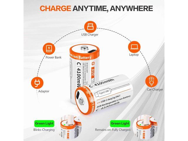 Rechargeable C Batteries 4 Pack-Li-ion 1.5 V C Battery, High Capacity for Toys, Flashlights, Remote Controls