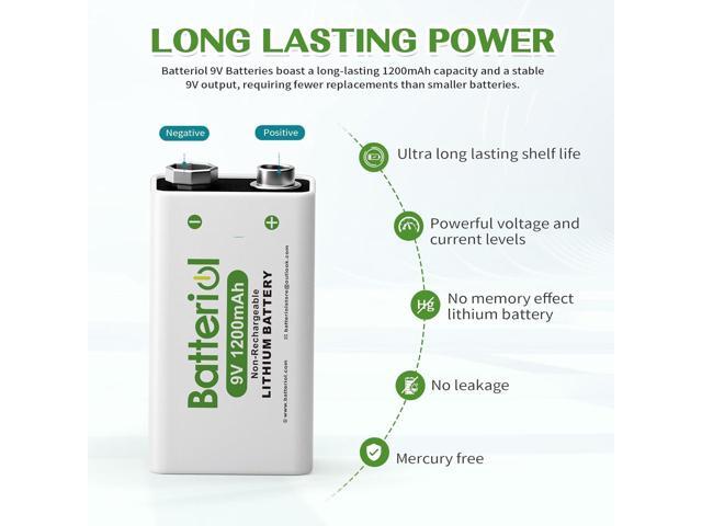 9V Lithium Batteries, 1200mAh Lithium 9 Volt Batteries, 10 Year Shelf Life, Long-Lasting Power for Smoke Detector, Microphone and Walkie Talkie,...