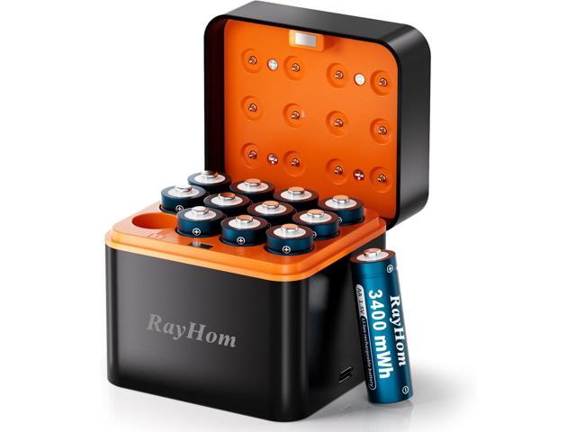 12-Pack Rechargeable Lithium aa Batteries with Charger, 1.5V Constant Output, 3400mWh High Capacity, 12-Slot Double A Li-ion Charger with Smart...