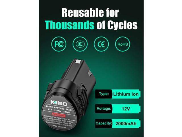 KIMO 2 Pack of 12V 2.0Ah Lithium-Ion Battery for KIMO 12V Ratchet Wrench, Brad Nailer, Drill Driver, Compatible with KIMO 12 Volt Power Tools