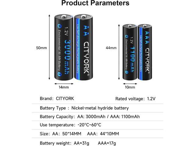 16 Pack AA AAA Rechargeable Batteries, 8 AA 3000mAh and 8 AAA 1100mAh 1.2V Ni-MH Low Self Discharge Double A Rechargeable Battery for Outdoor Solar...