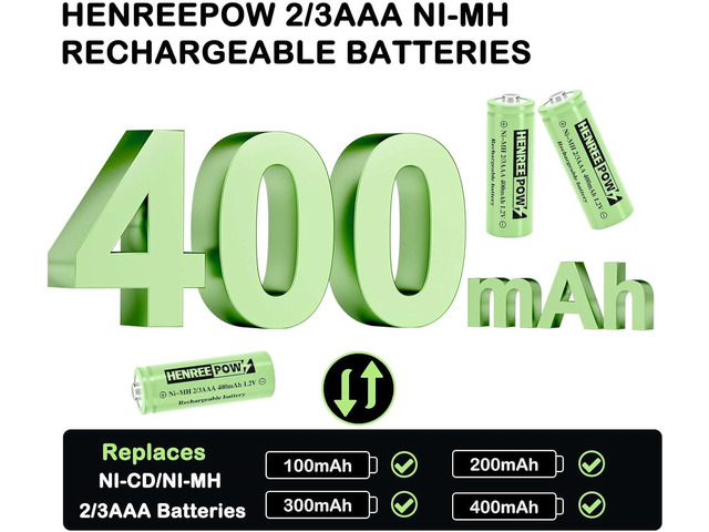 Henreepow Ni-MH 2/3AAA 1.2v 400mAh Rechargeable Batteries,Low Self-Discharge, Long Range with Button Top for Solar Lights,Length 2/3 The Size of...
