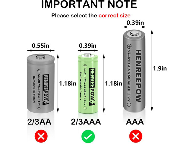 Henreepow Ni-MH 2/3AAA 1.2v 400mAh Rechargeable Batteries,Low Self-Discharge, Long Range with Button Top for Solar Lights,Length 2/3 The Size of...