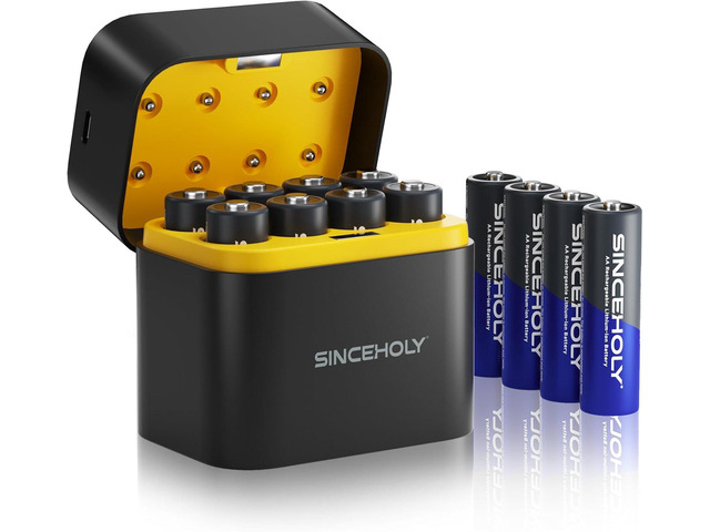 12Pcs 3600mWh Rechargeable AA Lithium Batteries 1.5V with Charger, 8 Bay Individual Battery Charger with Fast Charging