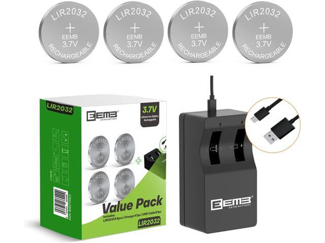 EEMB 2032 Rechargeable Batteries with Charger LIR2032 3.7V Lithium-ion Coin Button Cell Batteries 45mAh Remote Key Fob Watch 4PCS