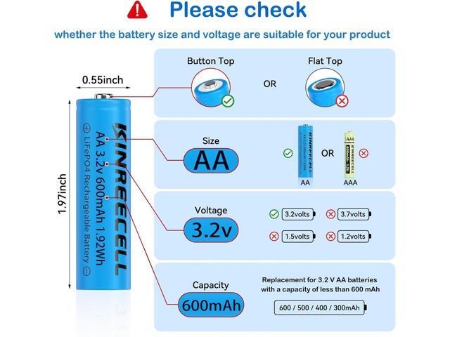 AA 3.2v 600mAh Battery, LiFePo4 Double A Battery with Low self-Discharge, 3.2v Batteries for Solar Lights, Wall Lanterns, Solar Post Lights4 Pack