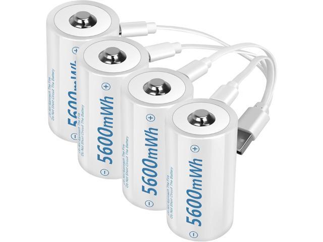 Rechargeable Lithium D Batteries with 4 in 1 USB-C Charging Cable,1.5V D Size Cell Battery 5600mWh for Flashlight Toys & floodlight (4 Pack)