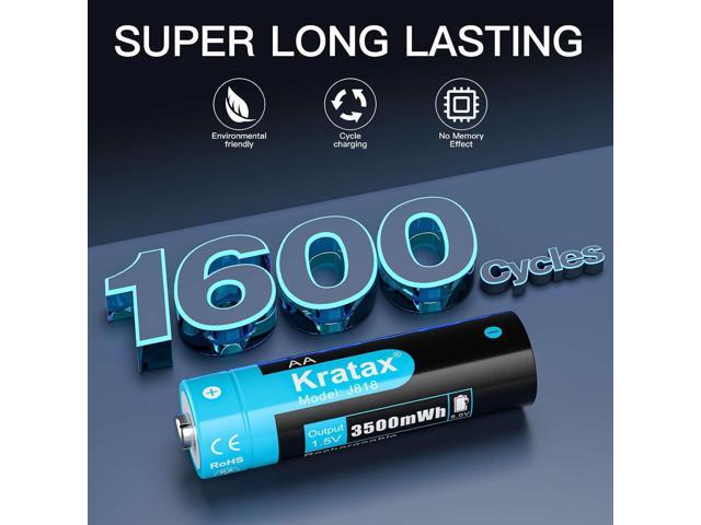 Kratax 1.5V AA Lithium Rechargeable Batteries, 12 Pack 3A High Capacity 3500mWh Li-ion Batteries, 1600 Cycles, Long Lasting, Constant Output for...