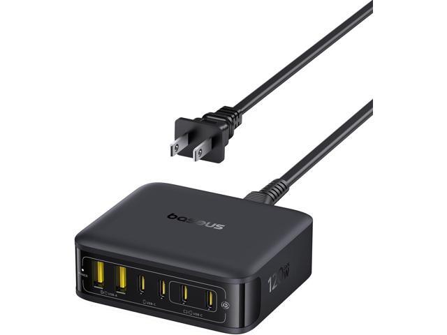 Baseus Charging Station 120W, 6-in-1 USB-C PD Fast Charging Desktop Charger with 5ft Extension Cord, 4 USB C, 2 USB A Ports, Travel Power Strip for...