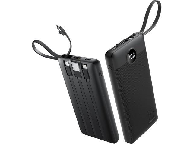 Portable Charger with Built in Cables, Slim 10000mAh Power Bank with USB C, External Battery Pack 5 Outputs 2 Inputs LED Display Compatible with...