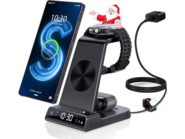 Wireless Charger for Samsung Charging Station with Clock for Samsung Galaxy S25 Ultra/S24 Ultra/Z Flip 7/Z Fold6/Bud, 3 in 1 Android Charging...