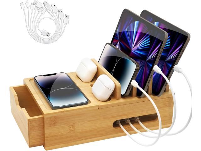 Bamboo Charging Station for Multiple Devices, Desktop Wood Charger Organizer with Drawer & Tray -Included 6 Cables, Compatible with Multi Devices,...