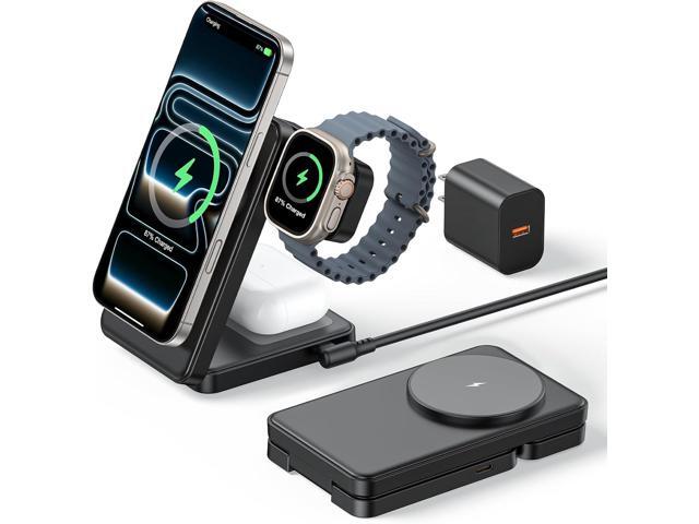 3 in 1 Magnetic Charging Station, 15W Fast Wireless Charger Compatible with MagSafe Charger Stand for iPhone 17 16 15 14 13 12, Apple Watch Charger...