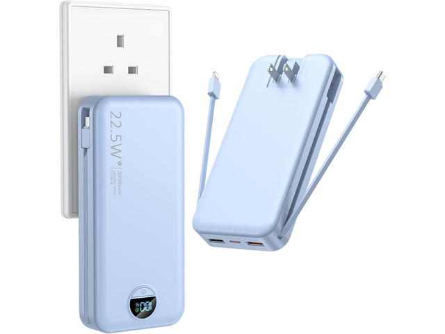 Portable Charger with Wall Plug, 20000mAh USB C Power Bank Fast Charging, External Battery Pack with Built in Cables, Digital Display, 5 Output 2...