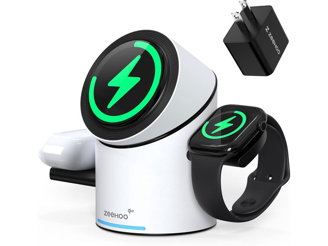 ZEEHOO 3 in 1 Charging Station for Apple Devices, Mag-Safe Charger Stand, Qi2 15W Auto-Rotating Wireless Charger for iPhone 17 16/15/14/13/12...