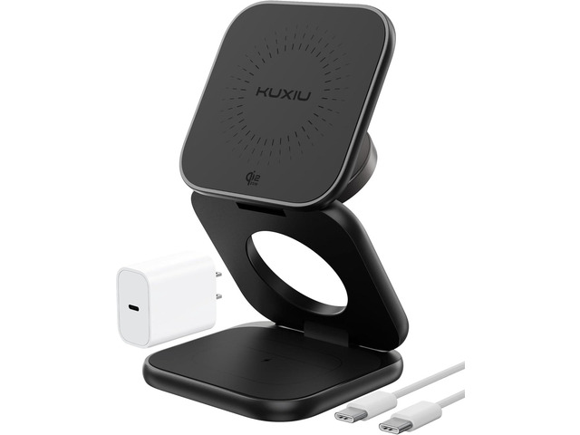 KU XIU Qi2.2 25W Magnetic Wireless Charger, Foldable 3 in 1 Travel Charging Station for iPhone 17/16/15/14/13/12, 5W for Apple Watch & AirPods,...