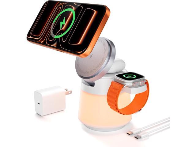 Wireless Charger 3 in 1, Magnetic Wireless Charger Stand with Night Light, 360° Rotation Portable Travel Charging Station Multiple Devices for...