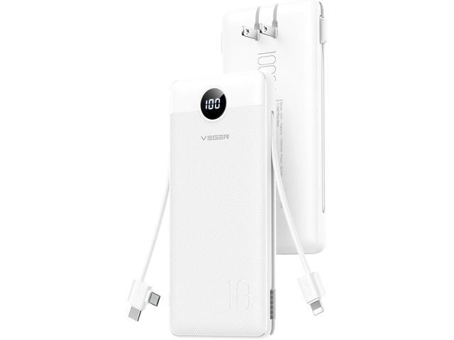 VEGER All in One Travel Portable Charger with Built-in AC Plug & Cables, 10000mAh Slim Power Bank Battery Pack, 15W Fast Charging Compatible with...