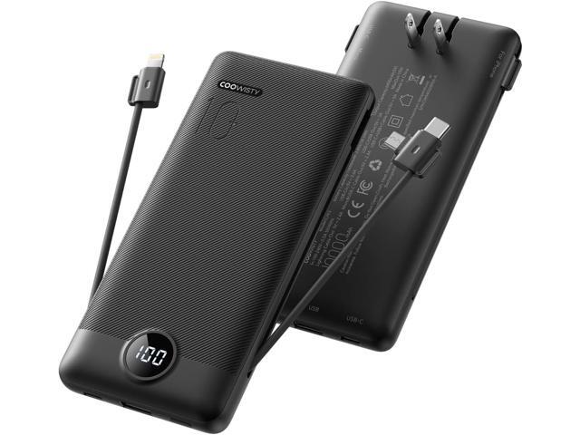 Portable Charger with Wall Plug, Slim USB C Power Bank with Built-in Cables, 10000mah LED Display External Battery Pack Compatible with...