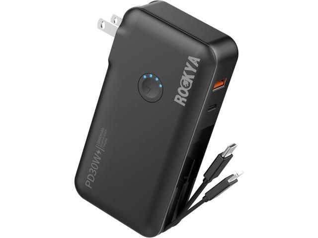 Portable Charger with AC Wall Plug and Built in Cables,PD 30W Fast Charging USB C Power Bank 16000mAh with 4 outputs,Travel Battery Pack Compatible...