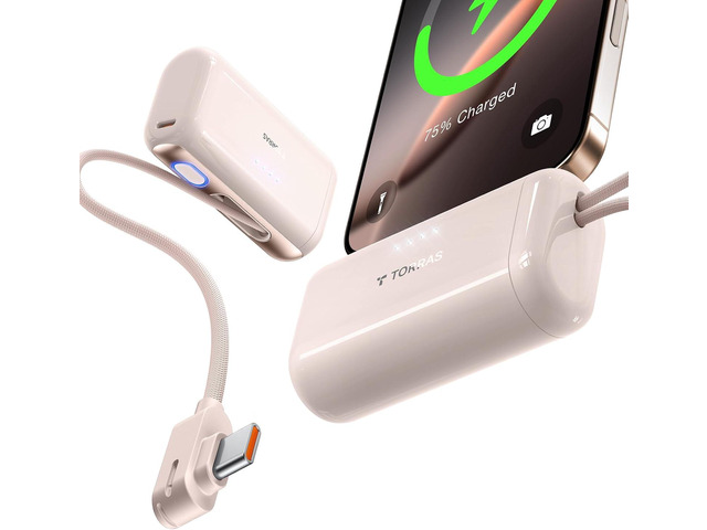 TORRAS 2-in-1 iPhone 16 Portable Charger, 5,000mAh 22.5W Mini Power Bank with Built-in USB-C Cable, Fast Charge Battery Pack, Travel Essential for...