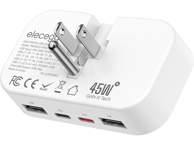 Slim Flat USB C Wall Charger, PD 45W Ultra Thin Foldable GaN Fast Charger with 4 Ports, Dual USB and Dual USB C Charger Block for iPhone, iPad,...