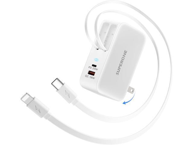 SUPERONE Retractable Charger for iPhone with USB C & Apple Cables, 78W Retractable Wall Charger with Dual USB Ports, USB C Charger Block for iPhone...