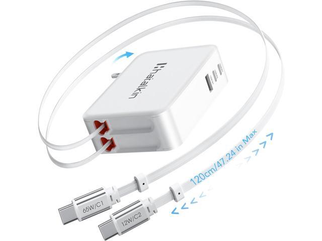 65W for MacBook Pro Charger,5-in-1 Retractable Wall Charger Plug for iPhone 17, Dual 3.94 ft PD USB C Cable & 3 Ports, Fast Charging Block for Mac...