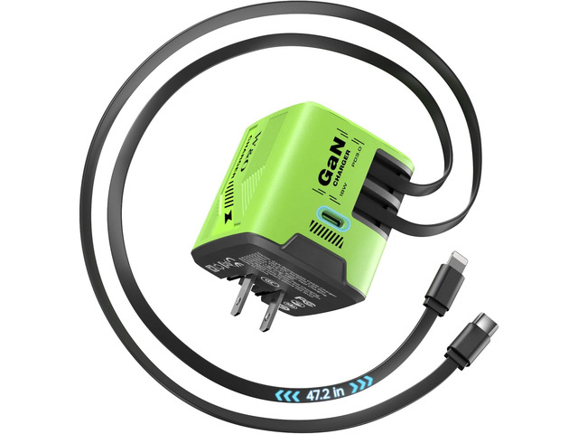 W & O Fast Charger for iPhone17/16/15,60W gan Charger,Retractable Phone Charger Wall Plug with Lightening and Type-C Cables,for iPhone Series,...