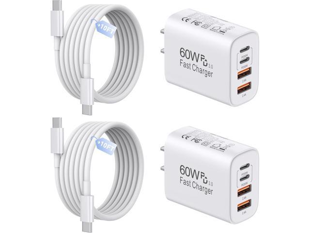 60W USB C Charger,2Pack 10FT iPhone 17 Pro Max Charger Fast Charging,4Port USB-A USB-C Fast Charging Block with 10ft USBC Cable Cord for Apple...