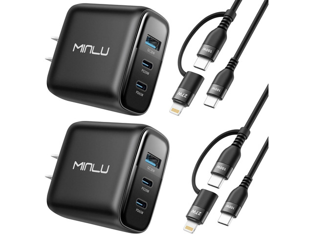 65W USB C Charger Block,MINLU GaN 3-Port Compact Fast PPS Wall Charger with 100W 2 in 1 USB-C to C/L Cable,Fast Charging for MacBook...