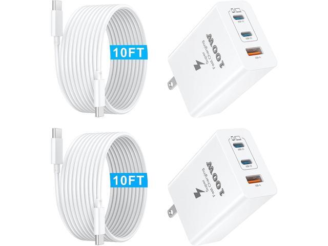 USB C Fast Charger Block 100W 3-Ports Type C Wall Charger Compact GaN Multiport Adapter with 10FT USBC Charging Cable Cords*2 Pack for MacBook...