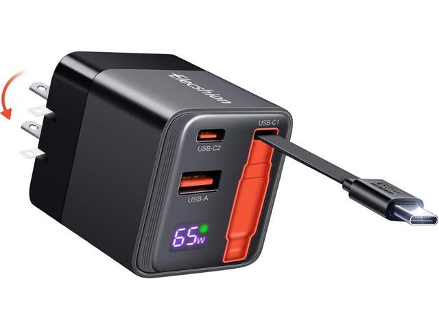 65W Retractable Wall Charger, USB C Charger Block Built-in Type C Cable & Dual Port, PD PPS Fast Charging GaN Power Adapter Travel Charger for...