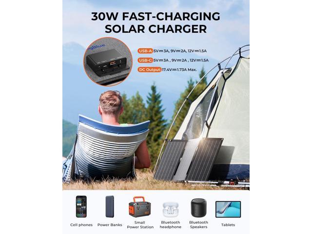 BigBlue 30W Solar Panel Charger with Fast Charging USB-A, USB-C and DC Ports, IP68 Waterproof, Portable Folding Solar Charger Compatible with...