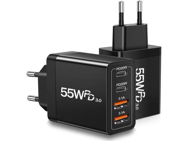 55W European Travel Plug Adapter 2 Pack, European USB C Charger 4-Port Fast Charger Type C Wall Charger USA to Europe Plug Adaptor for iPhone 17 16...