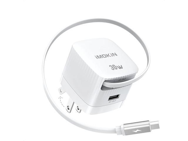 USB-C Charger Block, 30W GaN 2 Port Fast Charging w/Built-in Retractable C Cable & Foldable Plug, PD/PPS for iPhone 16Pro Max/16/Pixel 9...