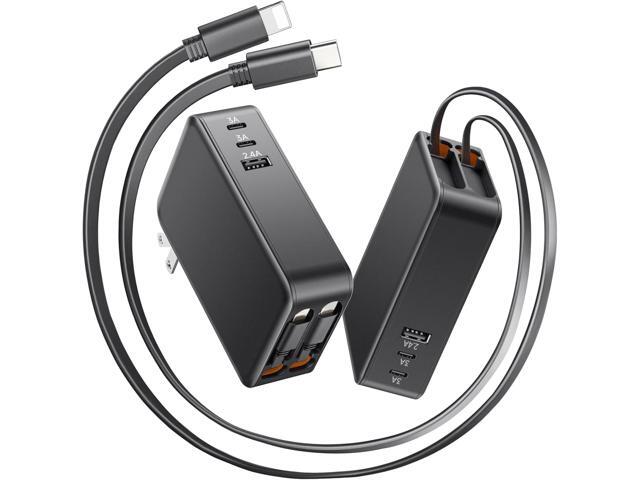 5-in-1 Retractable Wall Charger with Three Ports and 3.9ft Dual Cables, 65W Fast Charging USB C Charger Block with Foldable Plug, Portable Travel...