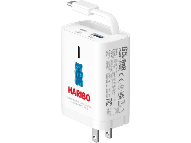 Haribo 65W GaN Wall Charger with Retractable USB-C Cable, Dual-Port PD 3.0 & QC 4+ / 4.0 Fast Charging for iPhone, Galaxy, Pixel, iPad, Tablets,...