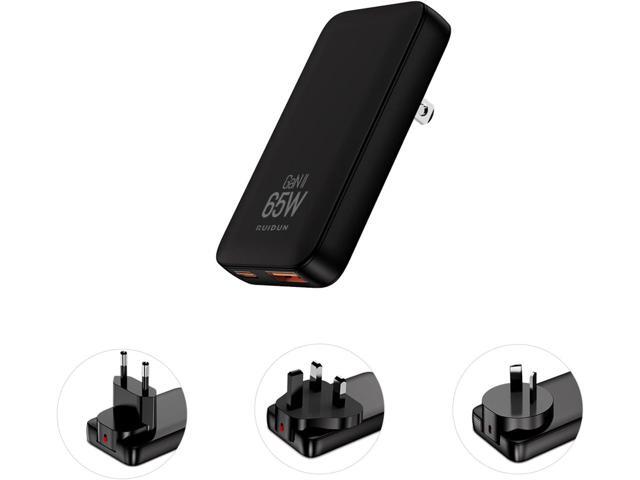 65W Slim GaN USB C Charger Block, Foladable Fast Travel Charger with UK/EU/AU 3 Plugs, 2-Port International Power Adapter for MacBook Air/Pro,...