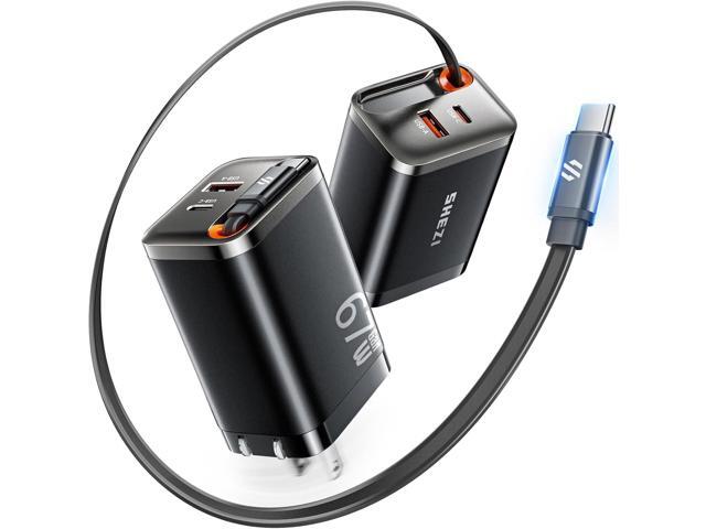 67W USB C Charger Block with USBC Cable Retractable, for iPhone 17 Charger GaN Fast Charging Wall USB Block with Foldable Plug, Multi-Port Travel...